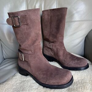 Zara Womens Buckled Suede Boots 
US 10 EU 41  Brown Leather Black Chunky Heel